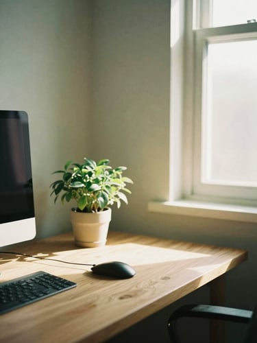 A warm environmental shot of a quiet, lived-in workspace with a wooden desk, a small green plant, and soft late afternoon light streaming through a window, muted sage tones, 35mm film texture.