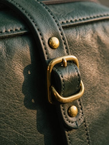 Extreme macro detail of hand-stitched dark green leather and polished brass hardware, natural low-contrast lighting, editorial texture