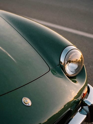 Extreme close-up of a vintage sports car fender, polished dark green paint reflecting golden hour light, chrome detailing, 35mm film style.