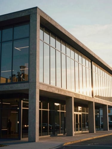 Wide environmental shot of a modernist concrete and glass commercial facade at golden hour, low-contrast natural light, cinematic depth of field, 35mm film style