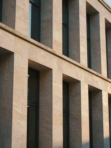 Close-up of a modern limestone commercial facade with sharp architectural lines at golden hour, dramatic shadows cast across the stone, editorial architectural photography.