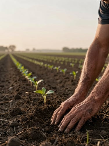 Wide shot of a farmer's weathered hands pressing into dark soil at dawn, rows of seedlings visible in soft morning light receding to the left, generous negative space in the upper frame