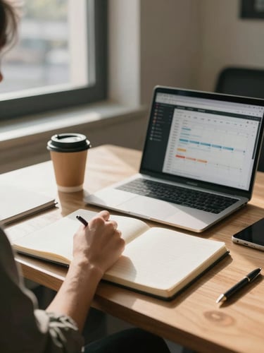 Close environmental shot inside a small agency studio — a planner's hand resting on an open notebook beside a laptop showing a content calendar, a takeaway coffee cup nearby, warm north-facing window light casting soft shadows across the table, no faces visible, documentary framing