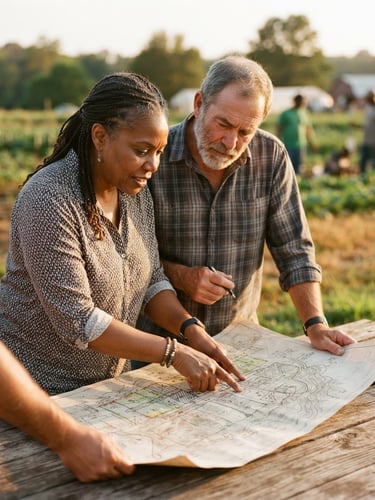 Close-up of two community leaders reviewing an agricultural project map under warm golden-hour sun, shallow depth of field, 35mm