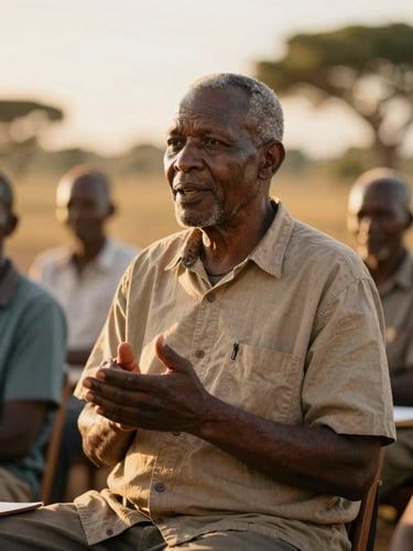 Dignified portrait of a South African community leader speaking at a sunlit outdoor workshop, warm golden-hour light, 35mm editorial style