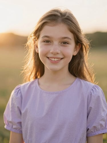 Joyful medium portrait of a teenage girl with soft smiling eyes, warm golden hour backlight, pastel lavender dress texture, shallow depth of field, 35mm photography