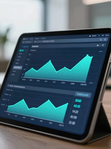 A close-up of an executive tablet displaying a clean financial dashboard with neon cyan charts, cool office daylight reflecting off the screen, sharp focus, 35mm