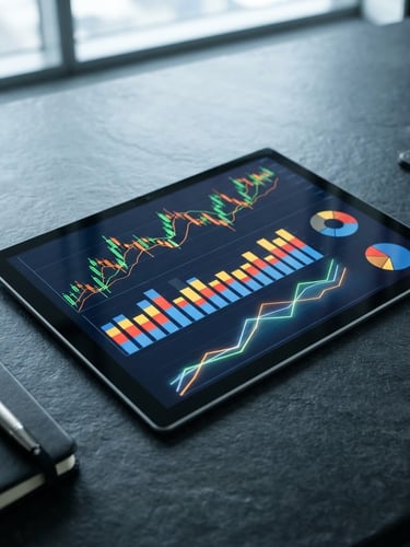 Macro shot of a tablet showing clean financial charts on a dark boardroom table, cool office daylight, sharp focus, 35mm