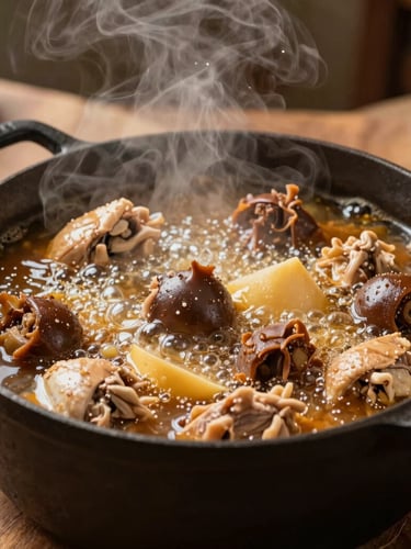 Close-up of bubbling chicken and sausage gumbo in a large cast-iron pot, steam rising, warm kitchen work-lights, rustic wooden table.