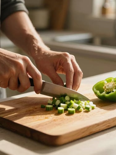 Warm kitchen interior in Lancaster, hands chopping fresh green onions and bell peppers on a wooden board, natural golden light.