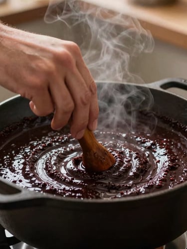 Close-up shot of hands stirring a rich, dark roux in a large cast-iron pot, warm kitchen lighting, steam rising gently.