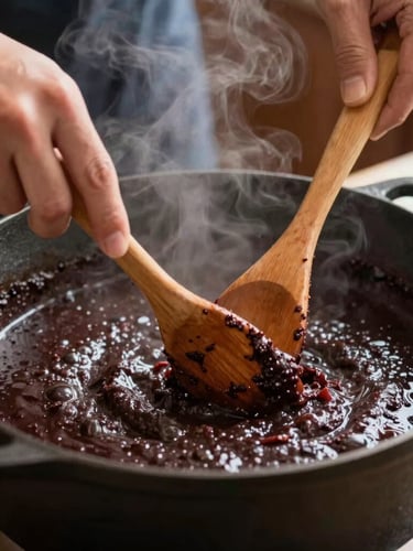 A close-up of hands carefully stirring a dark, rich roux in a massive cast-iron pot, steam rising, warm kitchen work-lights, focus on the texture of the wooden spoon and the bubbling mixture.