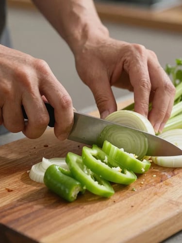 Close-up of hands chopping fresh trinity—onions, bell peppers, and celery—on a heavy wooden block under warm kitchen light.