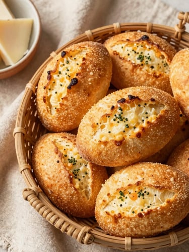 Top-down flatlay of freshly baked golden cheese breads in a rustic woven basket, beside a linen cloth and a small bowl of local cured cheese, warm afternoon light.