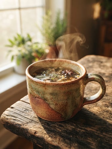 Close-up of steaming herbal tea in a rustic ceramic mug on a weathered wooden table, soft afternoon sunlight filtering through a window, warm terracotta tones.
