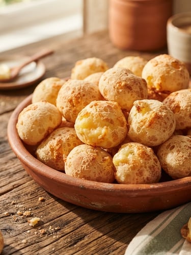 Close-up of freshly baked cheese breads on a rustic wooden table, soft afternoon sunlight, warm terracotta tones, shallow depth of field