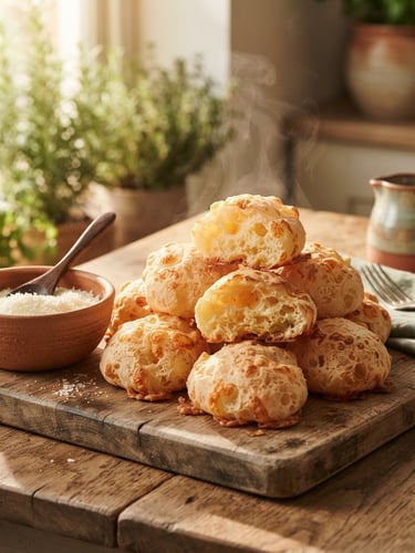 Warm editorial food photography of freshly baked, steaming cheese breads stacked on a rustic wooden board, soft afternoon sunlight casting long shadows, terracotta ceramic details, shallow depth of field