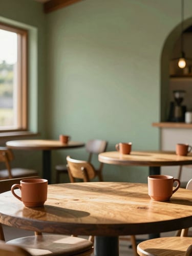 Warm editorial interior photography of a cozy rustic-modern tea house in Minas Gerais, soft sage green walls, warm wooden tables, terracotta mugs, soft natural sunlight streaming through a window, peaceful atmosphere