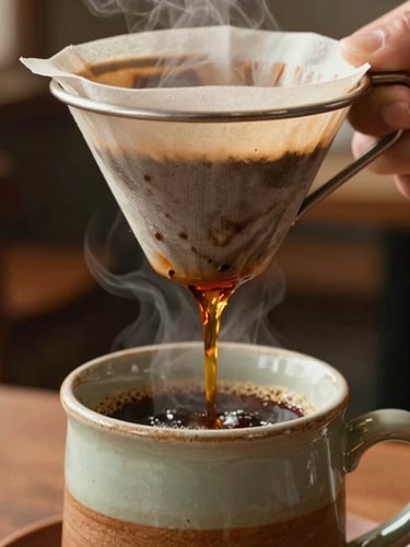 Close-up of a traditional cloth coffee filter dripping fresh dark coffee into a rustic ceramic mug, warm steam, cozy cafe background