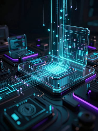 Abstract dark 3D render of glowing data streams and glass-like system interfaces, neon cyan and violet accents, deep shadow contrast, cinematic framing