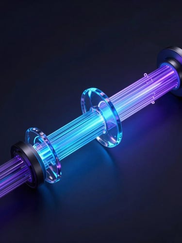 Minimalistic dark 3D render of data flow pipelines, glowing electric blue and neon violet fiber optics connecting abstract glass nodes, dark background, cinematic lighting.