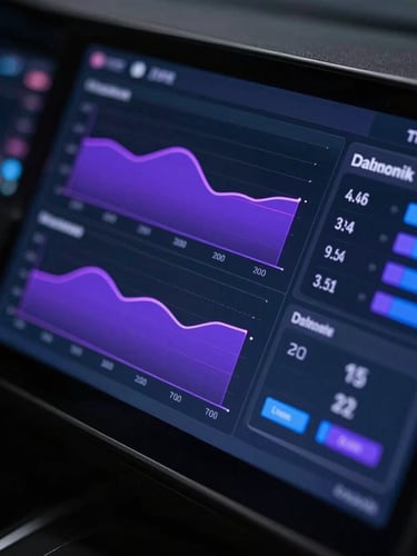 A close-up dark glassmorphic dashboard interface showing multi-channel sales metrics, glowing purple and blue charts, clean tech aesthetic, dark background