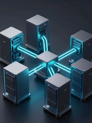 Isometric dark 3D render of an automated data pipeline, neon cyan glowing lines connecting glass servers, smooth metallic surfaces, high contrast lighting