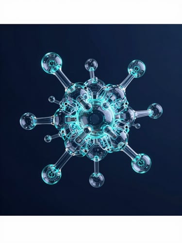 Abstract 3D render of glowing glass interfaces and structured data nodes, deep navy background with electric cyan accents, precise studio lighting