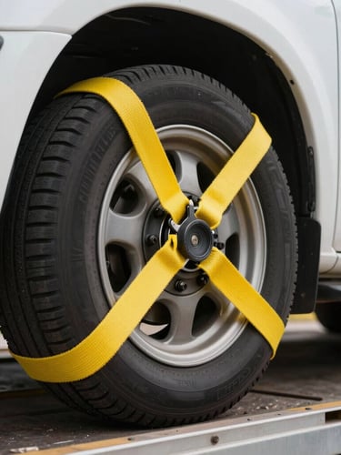 Close-up macro shot of heavy-duty yellow tie-down straps securing a vehicle wheel to an open-deck transport trailer, crisp daylight