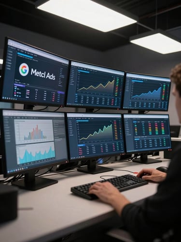 Wide environmental shot of a digital studio workstation, multiple monitors displaying live Google Ads and Meta campaign dashboards with growth curves and ROAS metrics glowing on dark screens, overhead documentary lighting emphasising screen glow, no people visible