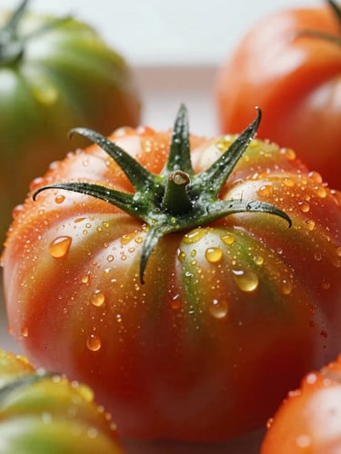Macro close-up editorial food photography of dew-kissed heirloom tomatoes in morning light, vibrant red and green colors, shallow depth of field