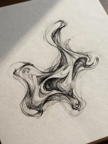 An elegant, abstract charcoal sketch of organic, flowing linework on heavy textured paper, soft shadows, low-contrast natural light