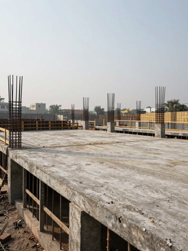 Wide environmental shot of an active Jaipur construction site, concrete floor slab and exposed rebar columns in mid-frame, overcast diffuse daylight revealing material texture, adjacent urban context visible on the left edge, generous negative space in upper sky