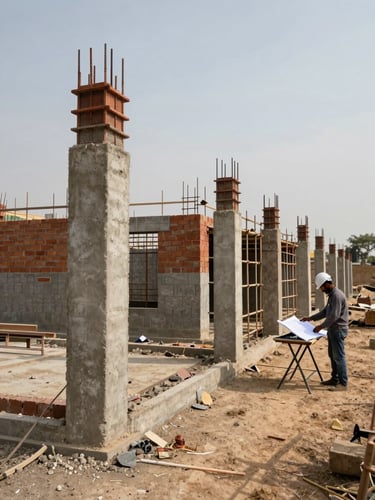 Wide shot of an active residential construction site in Jaipur under overcast daylight — exposed concrete column formwork in the foreground, brick masonry partially completed in the mid-ground, construction scaffolding receding to the right, a worker in a hard hat reviewing a blueprint at a folding table, dry Rajasthani terrain visible at the site perimeter