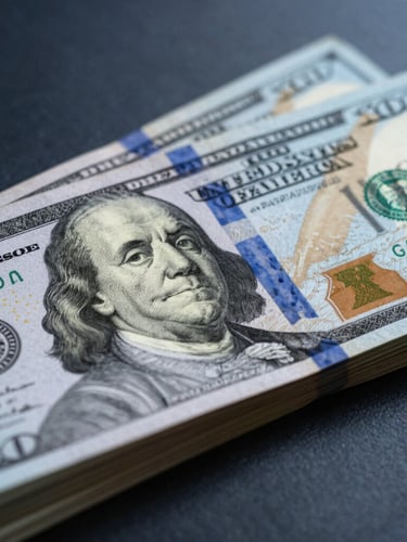 Macro studio shot of crisp physical one hundred dollar bills being precisely counted, cool-toned lighting, sharp shadows, deep blue accents