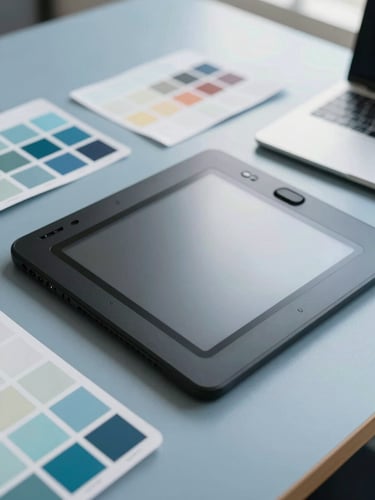 A clean, modern workspace setup with a graphic designer's tablet, color swatches in slate blue, soft diffused natural daylight, 35mm film look
