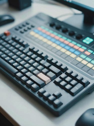 A close-up shot of a modern editing bay with a mechanical keyboard and a color-grading console, soft diffused natural daylight casting cool blue and slate undertones across the workspace, shallow depth of field, clean 35mm film look