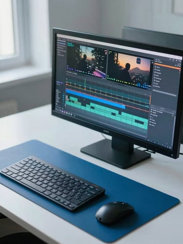 Overhead view of a clean modern editing bay with a color-grading monitor showing a video timeline, soft natural morning light from a side window, slate blue desk mat, minimalist setup, 35mm film look.