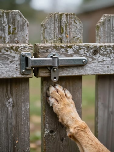 Close-up environmental shot of a wooden backyard gate latch with a large dog's paw pressed against the lower slat, natural diffused daylight, weathered fence boards in soft focus behind, earthy tones