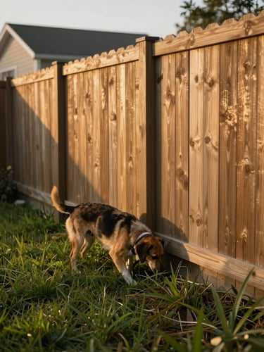 Wide environmental shot of a suburban backyard fence corner, a medium-sized dog sniffing a gap at the base of a wooden fence, late afternoon golden-hour light, overgrown grass near the fence line, no people visible