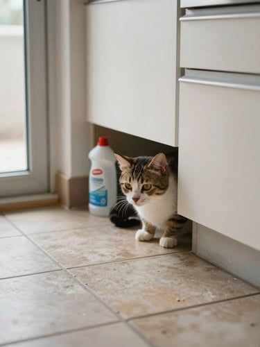 Close environmental shot of a kitchen floor corner, a cat investigating the gap under a cabinet where cleaning supplies are stored, natural window light from the left, worn tile grout visible, lived-in setting