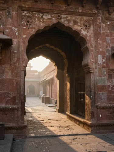 Narrow stone-paved lane at dawn in an old Indian city, carved sandstone archway framing deep shadow and a sliver of warm morning light beyond, no people, stillness and architectural texture