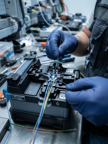 Macro close-up of a technician performing precision fiber-optic splicing under bright, cool-toned daylight, technical details of glass cores visible