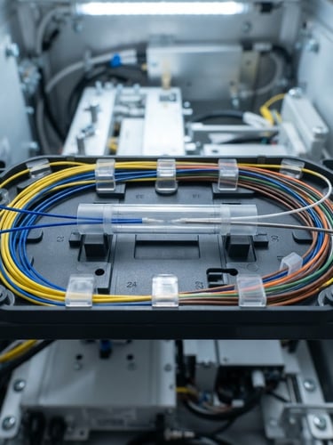 Macro close-up of high-quality fiber optic splicing inside an industrial enclosure, bright technical lighting, crisp steel gray and deep blue details, 35mm lens.