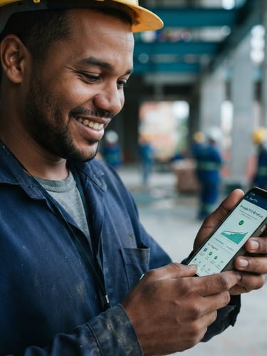 Close-up of a smiling authentic Brazilian worker in casual clothes, looking at a mobile phone screen showing a clear FGTS simulation result, soft natural daylight, deep blue and teal tones, shallow depth of field, modern corporate photography