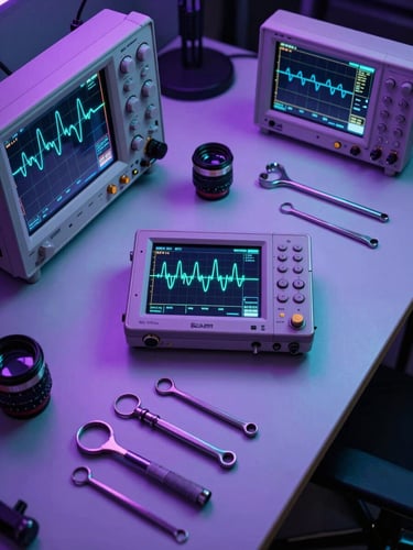 Overhead flat-lay of a clean engineering workbench, digital oscilloscopes displaying waveforms, metallic tools arranged precisely, cool purple and cyan studio lighting