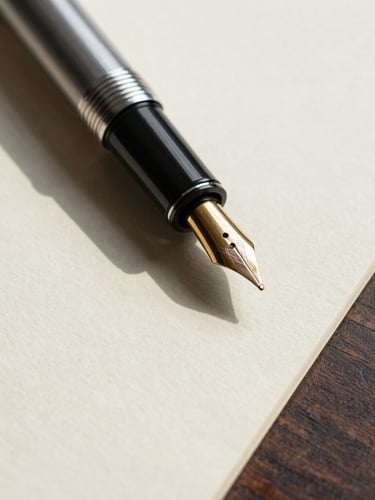 Macro close-up of a high-end fountain pen resting on textured heavy-weight cream paper, soft natural morning shadows casting across the desk, minimalist architectural styling.