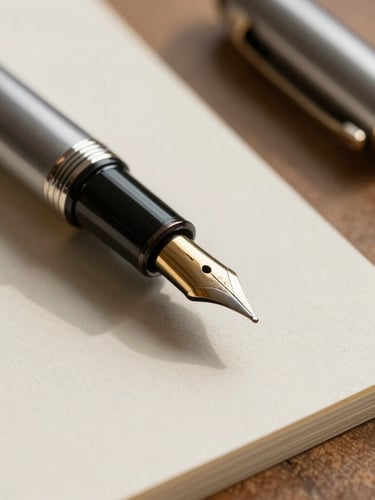 Macro close-up of a high-end fountain pen resting on textured heavy-weight cream paper, soft natural side shadows, minimalist architectural workspace, warm daylight.
