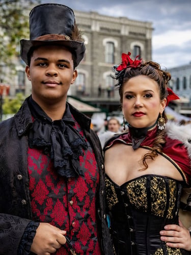 A couple wearing Victorian steampunk costumes with top hats and corsets at an outdoor festival.