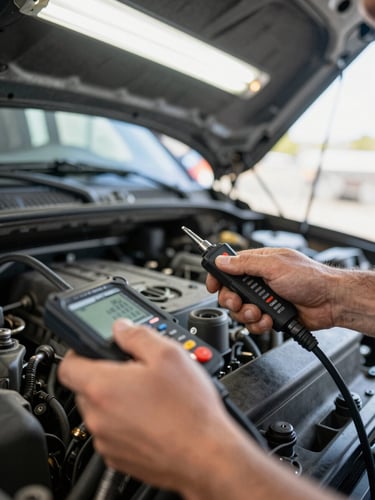 A close-up macro shot of a mechanic's hands using diagnostic tools on a truck engine, bright overhead shop lights, gritty editorial photography, realistic industrial tones, sharp focus, 35mm lens